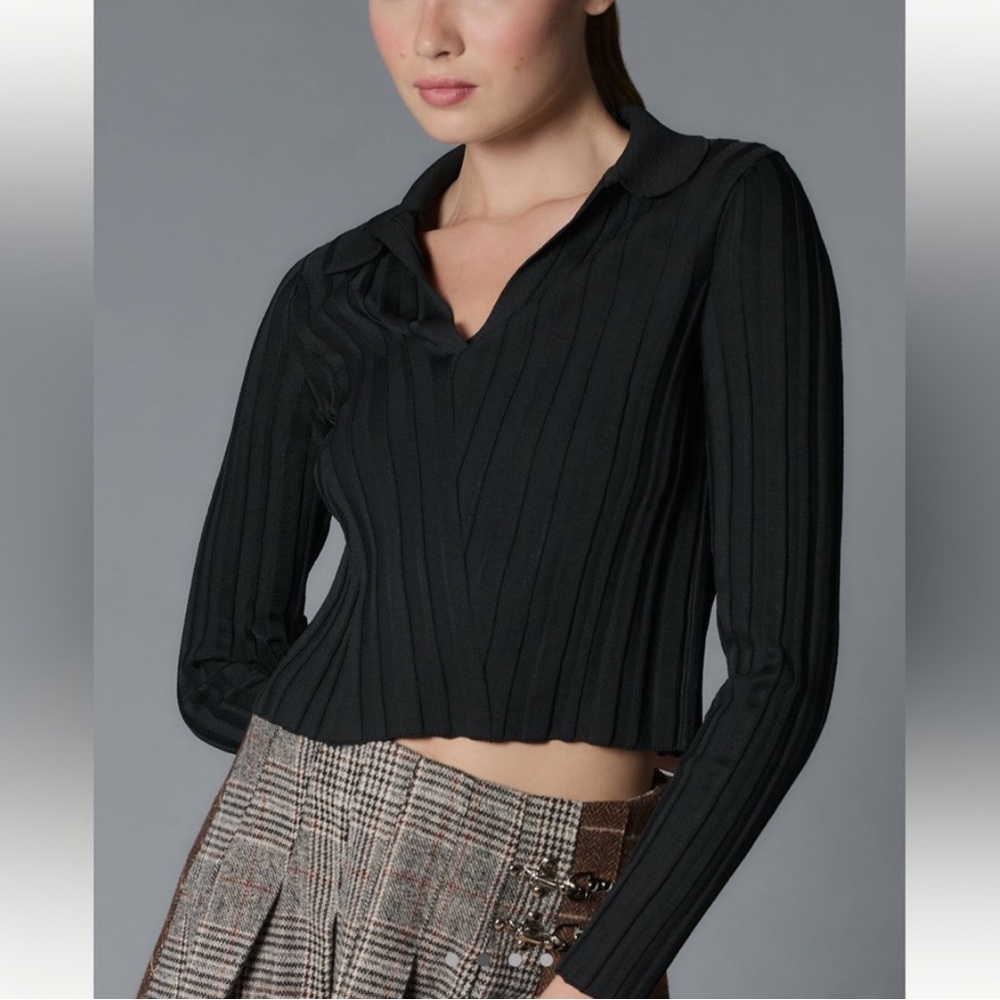 Nwot maeve cropped collared Black Ribbed Long Sleeve Top
